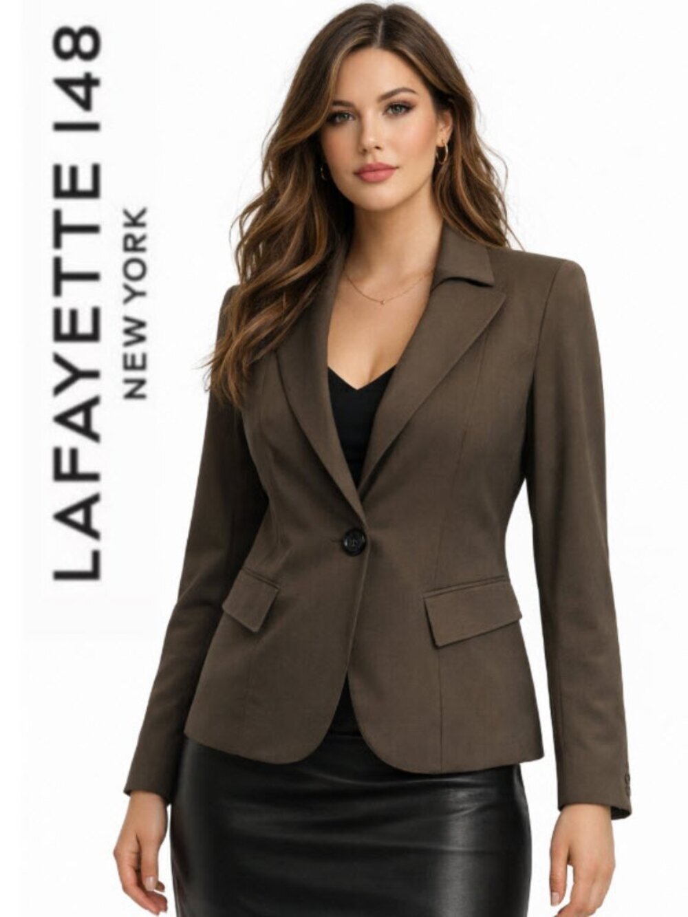 Lafayette 148 New York Blazer Single-Button Wool Stretch Brown Size 6